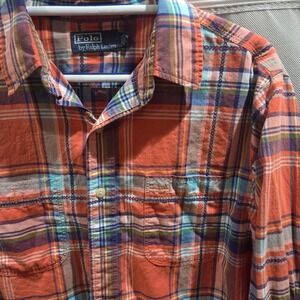Polo Ralph Lauren Mens Orange Plaid Long Sleeve Button Up Shirt Large L Pocket